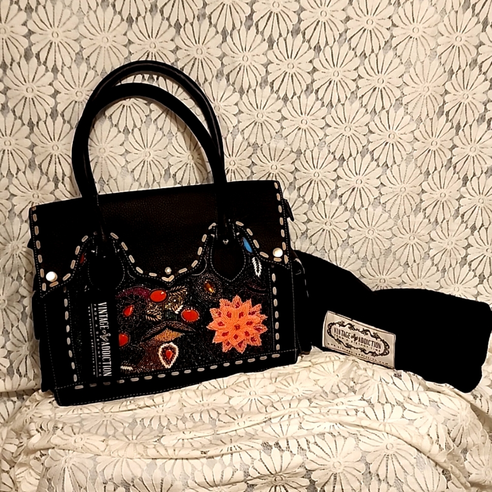 Vintage Addiction black leather handbag, unique beading approx 14 1/2x5 1/2x14